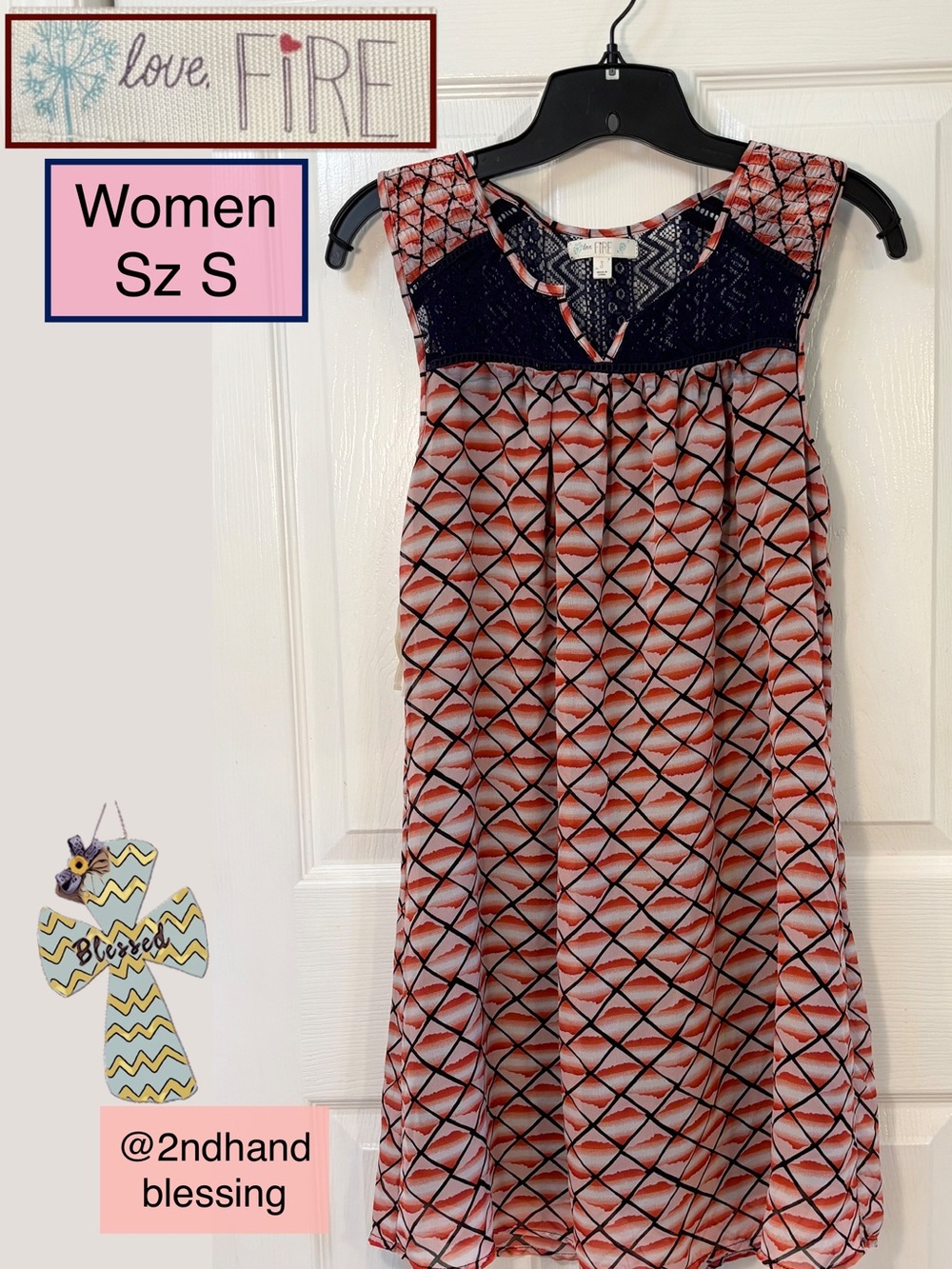 Love, FIRE Geo Boho Dress, Women Small, Orange Blue Geo Design, Navy Lace Panel